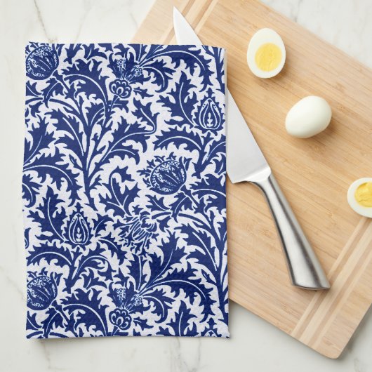 William Morris Thistle Damask, Cobalt Blue en Whit Theedoek (Quarter Fold)