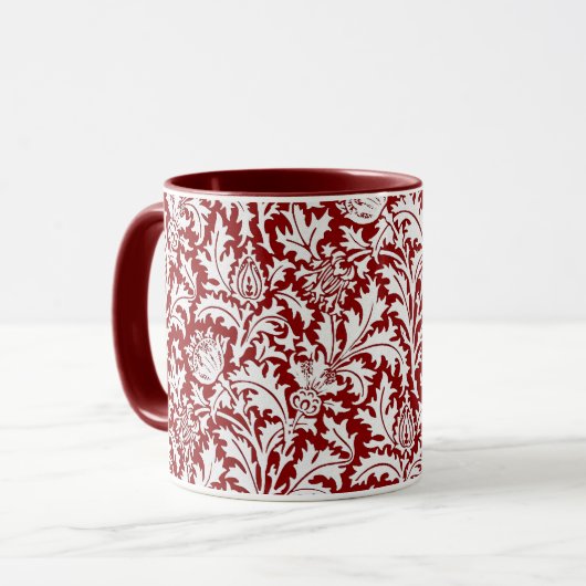 William Morris Thistle Damask, Dark Red & White Mok (Voorkant links)