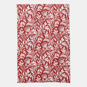 William Morris Thistle Damask, Dark Red & White Theedoek