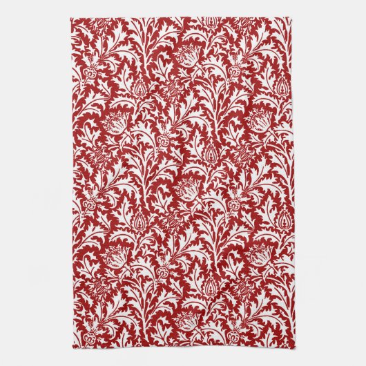 William Morris Thistle Damask, Dark Red & White Theedoek (Verticaal)