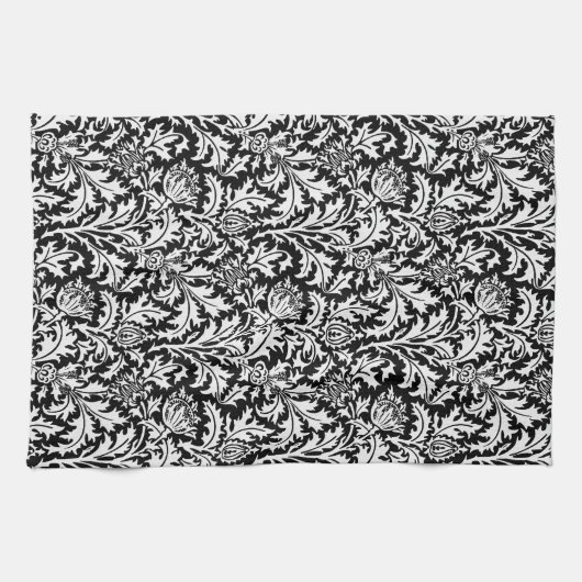 William Morris Thistle Damask, Zwart en Wit Theedoek (Horizontaal)