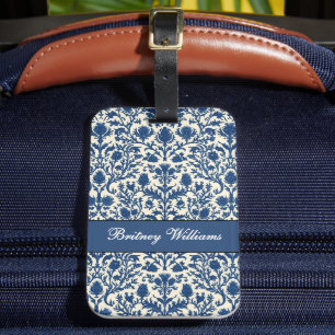 William Morris Thistle damast Kobaltblauw & Wit Bagagelabel