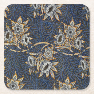 William Morris Tulp Wilgenpatroon Blauwe Bloem Vierkante Kartonnen Onderzetter