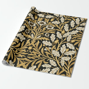 William Morris Vintage Goud Zwart Eiken Patroon Cadeaupapier