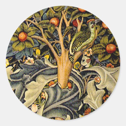 William Morris Woodpecker Tapestry Arts & Crafts Ronde Sticker (Voorkant)