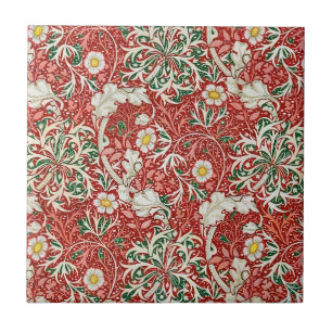 William Morris Zeewier Antieke Bloem Rood Groen Tegeltje