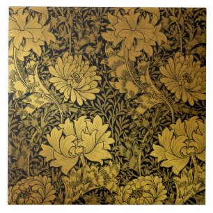 William Morris Zwart en Goud Bloemmotief Tegeltje