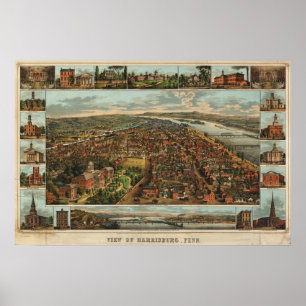 Williams-kaart van Harrisburg, PA (1855) herdruk Poster