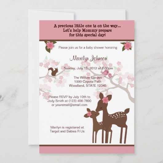 Willow Deer Baby shower Invitation forest PINK Kaart (Voorkant)