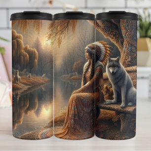 Willow Reflection: vrouw en wolf. Thermosbeker
