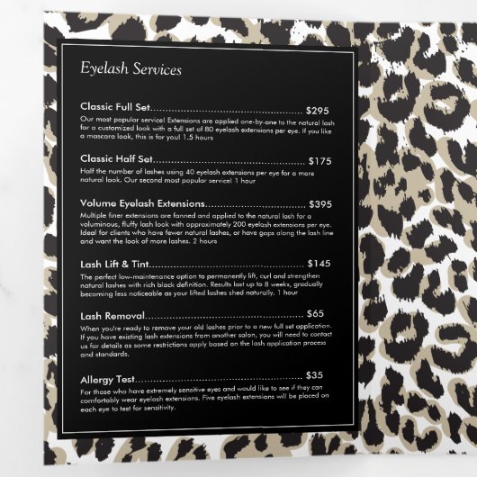 Wimpers met Leopard Print Prijslijst Brochure Drieluik Kaart (Binnenzijde eerst)