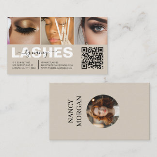 Wimperstylist Script 3 Foto Collage Beige QR Code Visitekaartje
