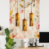 Wind chimes suspended from a flowering branch.  poster (Thuiskantoor)