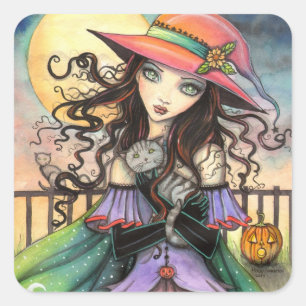 Wind van Halloween Heksen Tabby Kat Fantasie Kunst Vierkante Sticker