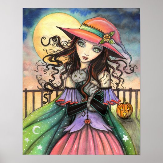Winden van Halloween Fantasy Art Witch en Tabby Ca Poster (Voorkant)