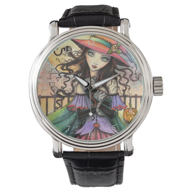 Winden van Halloween Fantasy Heks Cat Art Horloge (Voorkant)