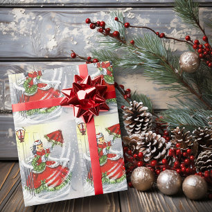 Winderige kerstdag Meisjes Rode jurk en paraplu Cadeaupapier
