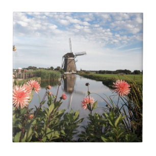 Windmill and flowers in Holland photo tile Tegeltje