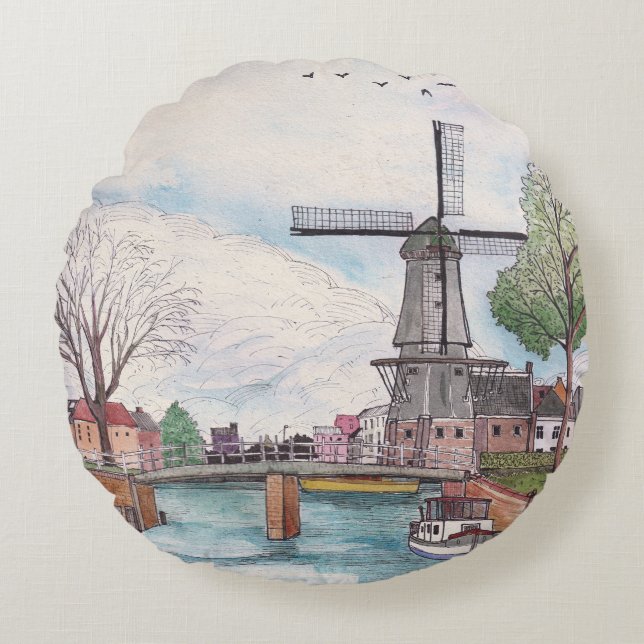 Windmill De Adriaan Haarlem Netherlands Waterverf Rond Kussen (Voorkant)