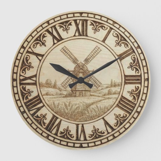 Windmill Wall Clock – Rustic Wood-Burned Style Grote Klok (Voorkant)
