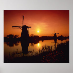 Windmills bij zonsondergang, Kinderdijk, Nederland Poster