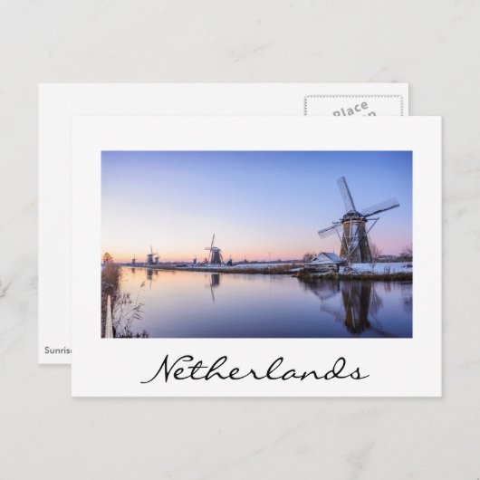 Windmills en hiver en Hollande carte postale texte (Devant / Derrière)