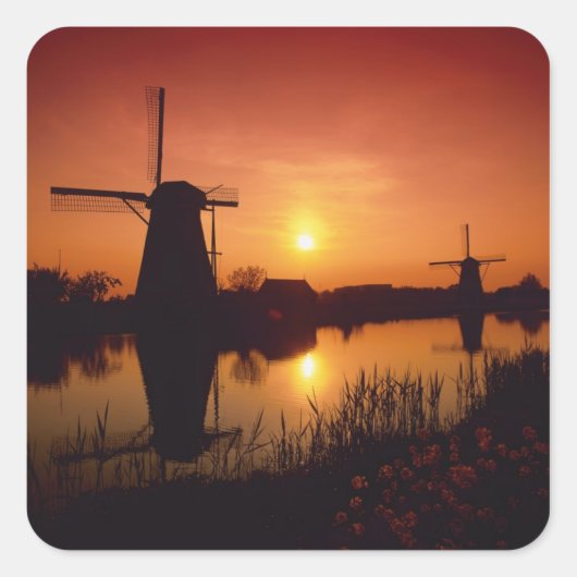 Windmills in sunset, Kinderdijk, Nederland Vierkante Sticker (Voorkant)