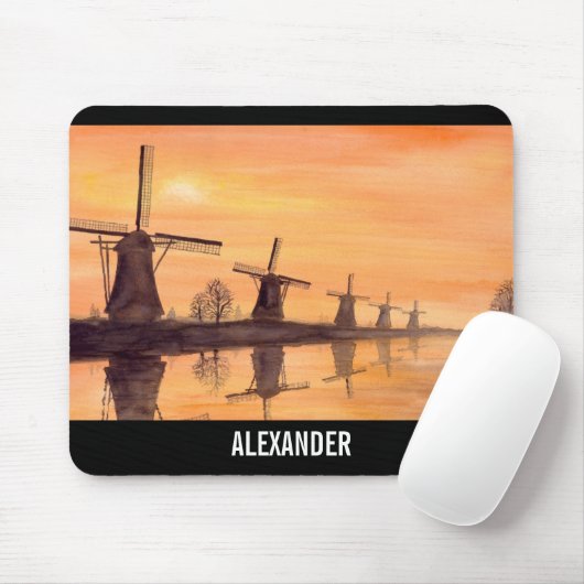 Windmills Sunset Holland Waterverf Painting Muismat (Met muis)