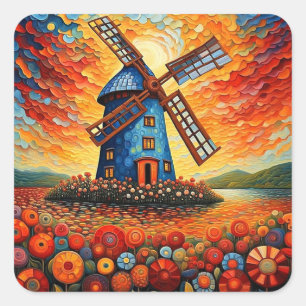 Windmolen bij zonsondergang 3 vierkante sticker