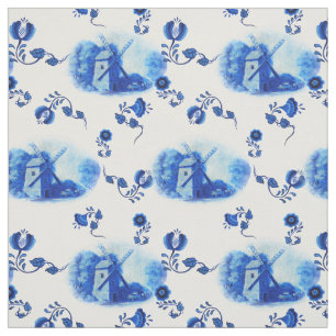 Windmolen, blauw delft-patroon, folkflorale afdruk stof
