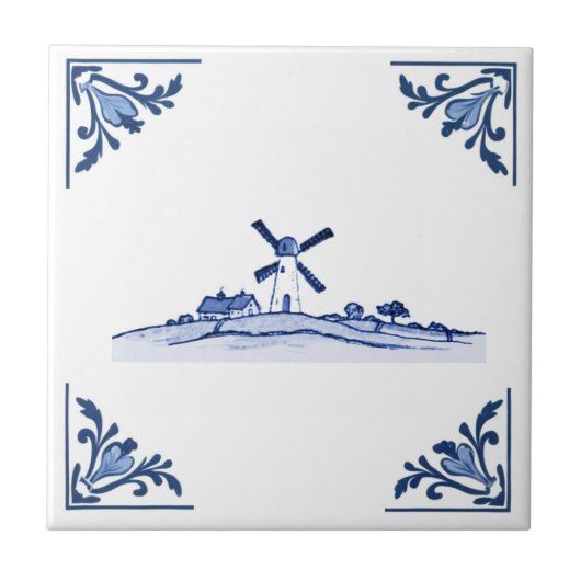 Windmolen Delfts Blauw Witte Hoeken Nederland Tegeltje (Voorkant)
