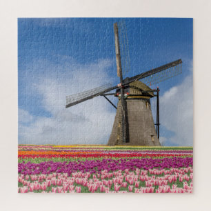 Windmolen en kleurrijke Tulpen Amsterdam Nederland Legpuzzel