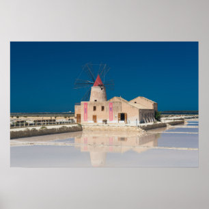 Windmolen en zoutpannen bij de salina van Trapani Poster