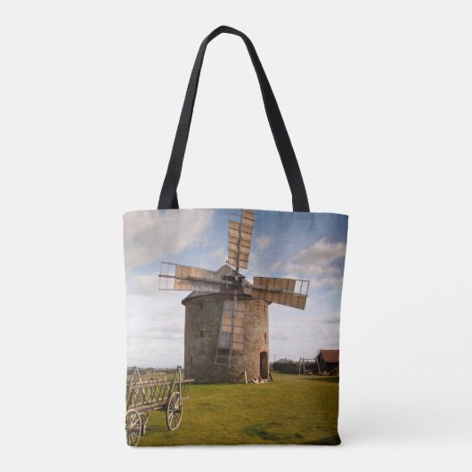 Windmolen in groen veld en witte wolken en blauwe  draagtas (Achterkant)