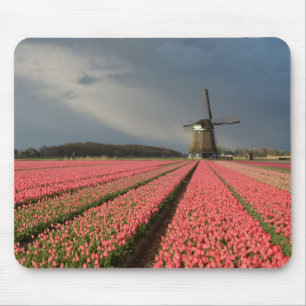 Windmolen met roze tulpen in de lente muismat
