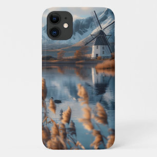 Windmolen op een meer met berglandschap iPhone 11 hoesje