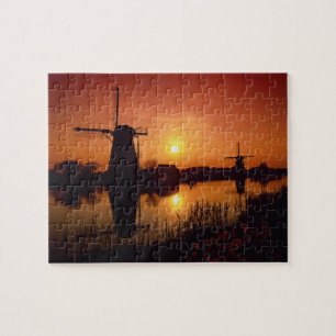 Windmolens bij zonsondergang, Kinderdijk, Nederlan Legpuzzel