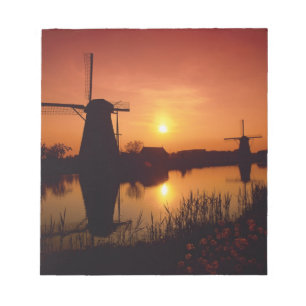 Windmolens bij zonsondergang, Kinderdijk, Nederlan Notitieblok