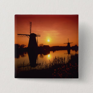 Windmolens bij zonsondergang, Kinderdijk, Nederlan Vierkante Button 5,1 Cm