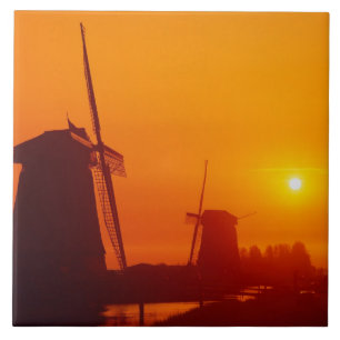 Windmolens bij zonsondergang, Schermerhorn, Nederl Tegeltje