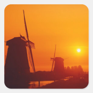 Windmolens bij zonsondergang, Schermerhorn, Nederl Vierkante Sticker