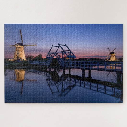 Windmolens en een brug bij zonsondergang legpuzzel (Horizontaal)