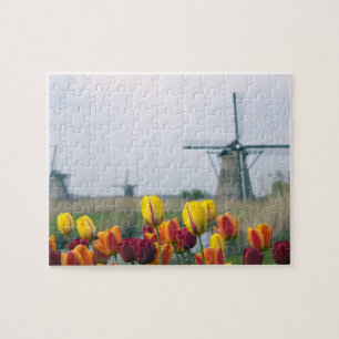Windmolens en tulpen langs het kanaal in legpuzzel