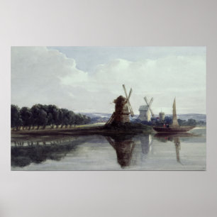 Windmolens langs een rivier van de 19de eeuw poster