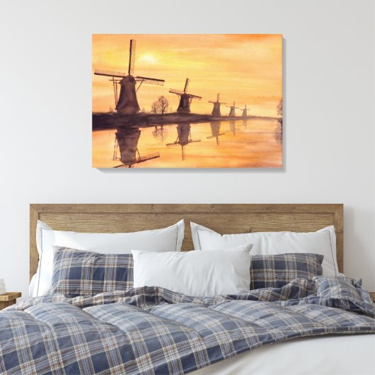 Windmolens Zonneverf Waterverf Canvas Afdruk (Insitu (Slaapkamer))