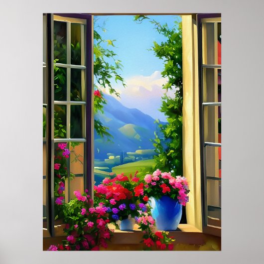 Window Scenes Art Mountain Flowers 18x24 Poster (Voorkant)