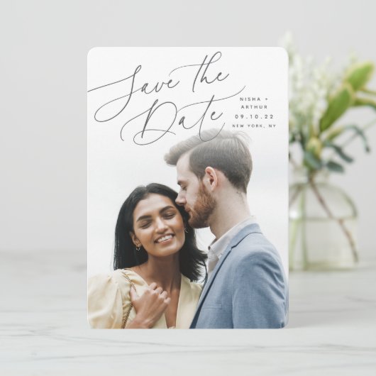 Windswept script | Verticale foto Save The Date (Staand voorkant)