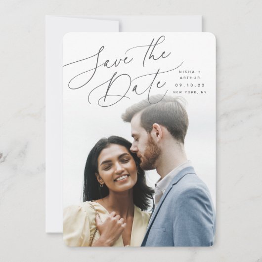 Windswept script | Verticale foto Save The Date (Voorkant)