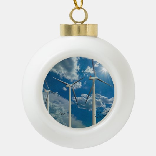Windturbines Blue Sky Clouds Keramische Bal Ornament (Voorkant)