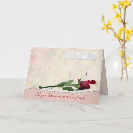 Wine and Red Rose Anniversary Kaart (Gele Bloem)